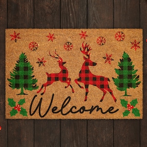 Christmas Welcome Reindeers, Christmas Snow Coir Door Mat, Front Door Mat, Outdoor Mats, Funny Doormat, Welcome Mats, Coir Mats