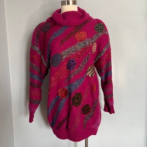 Vintage Women’s Size XL Magenta Cowl Neck Long Sleeve Sweater With Velvet Leopard Print Patches