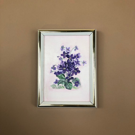 Vintage 1980s Purple Floral Painting with Gold and White Frame