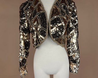 Vintage Womens Size S Gold Sequined Beaded Bolero Long Sleeved Jacket