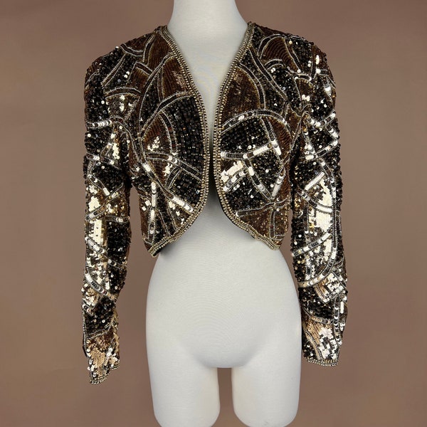 Vintage Womens Size S Gold Sequined Beaded Bolero Long Sleeved Jacket