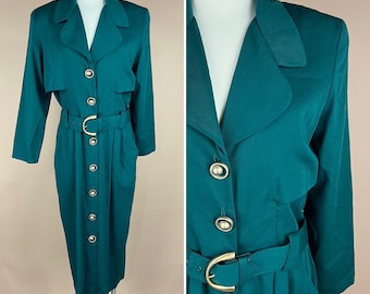 Vintage Womens Size L Green Long Sleeve Button Front Collared Belted Dress With Gold Buttons
