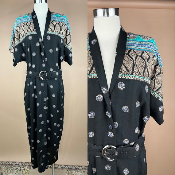Vintage Women’s Size L Black Dress With Turquoise… - image 1