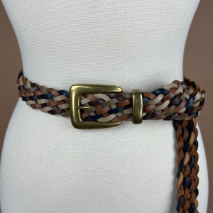 Vintage Tan, Navy Blue, Sage Green, and Brown Woven Leather Belt with Brass Buckle 41 inches