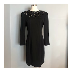 Vintage Black Dress with Gold Metallic Circle Detail On Neckline