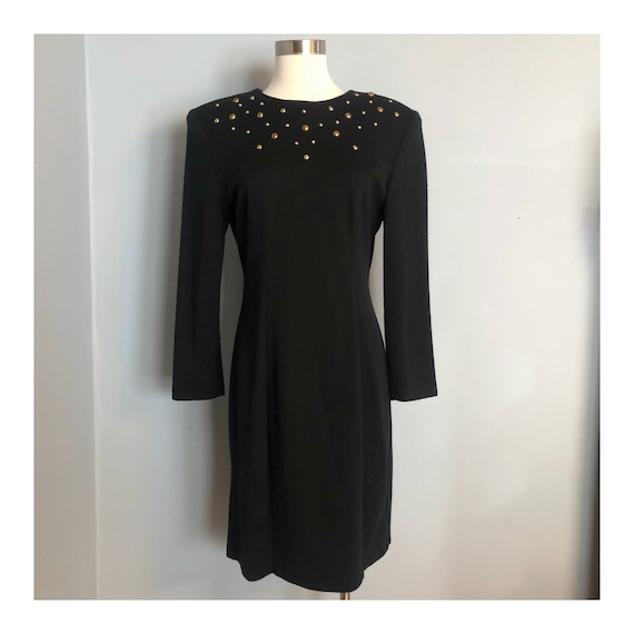 Vintage Black Dress with Gold Metallic Circle Det… - image 1