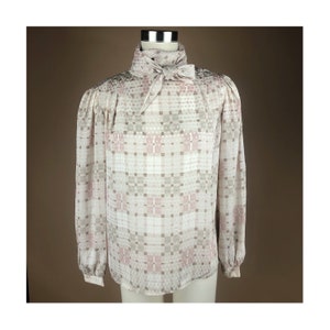 Vintage Women’s Size M Tan and Pink Square Pattered Blouse with Bow