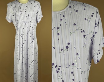 Vintage Womens Size L Lavender Floral Print Short Sleeve Long Dress