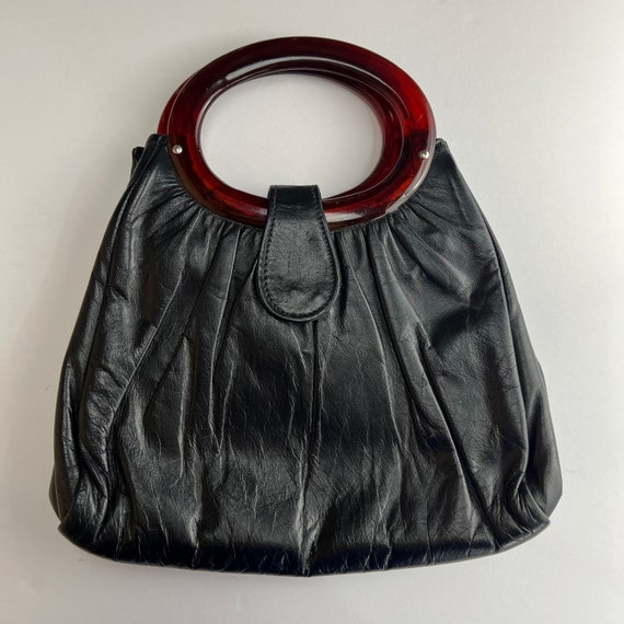 Vintage Black Faux Leather Purse with Brown Swirl… - image 1