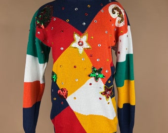 Vintage Damen Colorblock Pullover Gr. L mit Strasssteinen und Pailletten