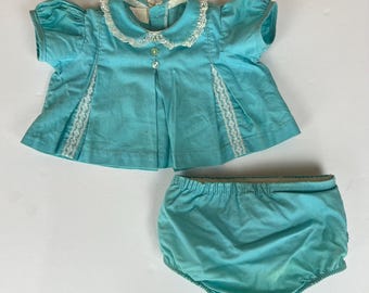 1960s My Little Tot Baby Light Blue Lace Trim Two Piece Set Plastic Lined Bottom