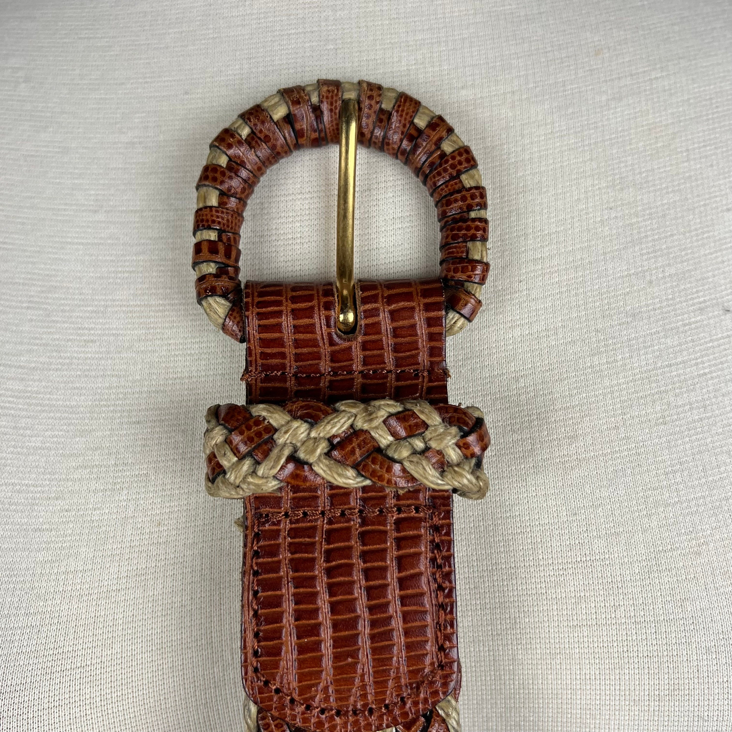 Vintage Womens Size L Brown Embossed Leather and Twine Woven Belt Vintage Chocolate Brown Braided Leather Belt With Round  main image 3