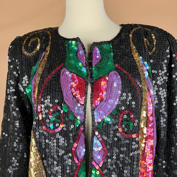 Vintage Womens Size L Black Multicolored Sequined… - image 3