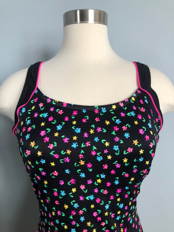 Vintage Le Cove Floral Black and Pink One Piece S… - image 5