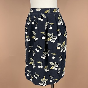 Vintage Womens Size S Waist 26 inches 1990s Black Silk Pencil Skirt With White Cherry Print
