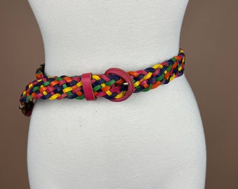 Vintage Multicolored Woven Leather Belt with Pink Buckle 34 inches