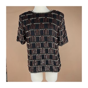 Vintage Women’s Size L Bust 40 inches Sequin and Pearl Beaded Black Silk Short Sleeve Top