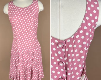 Vintage Women's Size M Bust 36 inches Sleeveless Pink and White Polka Dot Drop Waist Dress