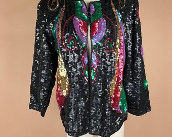 Vintage Womens Size L Black Multicolored Sequined Beaded Jacket