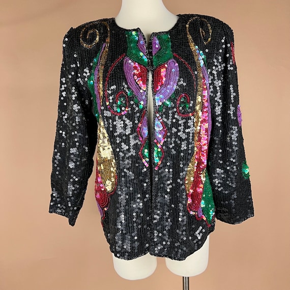 Vintage Womens Size L Black Multicolored Sequined… - image 1