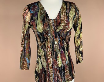 Vintage Damen Größe L Y2K Sheer Bunt Langarm Top