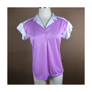 Vintage Damen Gr.S-L Lavendel und weiße Polka Dot Kragen Kurzärmelige Bluse