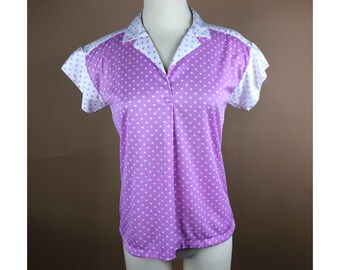 Blusa feminina vintage de manga curta com gola de bolinhas lavanda e branca tamanho S-L
