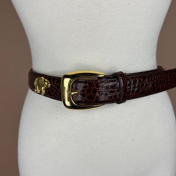 Vintage Women’s Size Small Brown Genuine Leather Embossed Belt With Gold Buckle and Animals