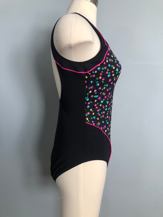 Vintage Le Cove Floral Black and Pink One Piece S… - image 3
