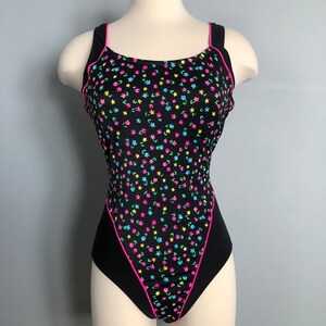 Vintage Le Cove Floral Black and Pink One Piece Swimsuit image 2