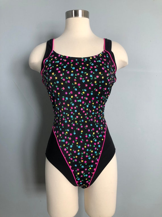 Vintage Le Cove Floral Black and Pink One Piece S… - image 2