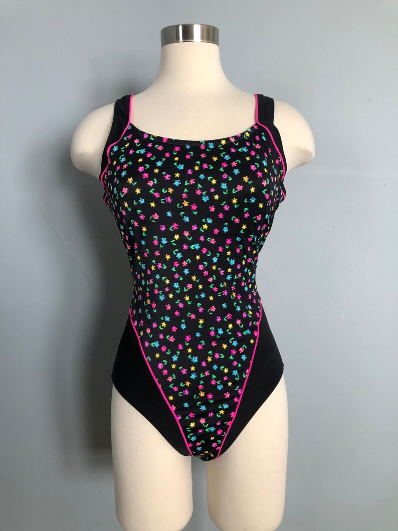 Vintage Le Cove Floral Black and Pink One Piece Swimsuit image 2