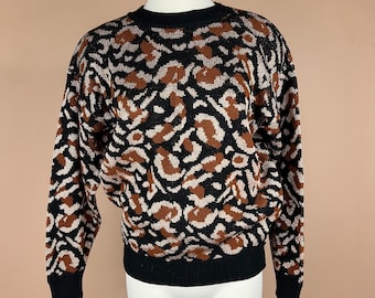 Vintage Womens Size XL Gold Metallic, Brown and Black Leopard Print Pullover Sweater