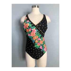 Vintage One Piece Black Swimsuit with Orange and Pink Flowers