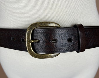 Vintage Mens 36-39 inch Brown Belt with Brass Buckle Deer Woodland Animal Forest Scene