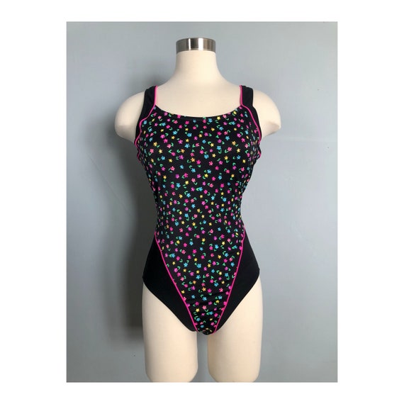 Vintage Le Cove Floral Black and Pink One Piece S… - image 1