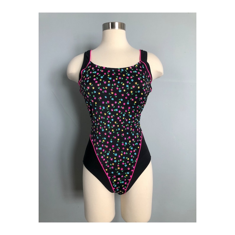 Vintage Le Cove Floral Black and Pink One Piece Swimsuit image 1