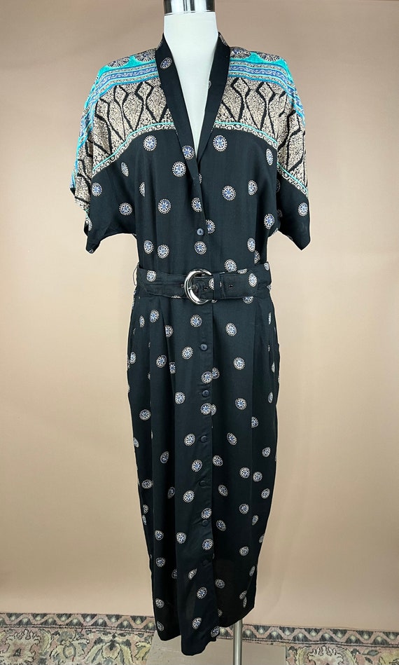 Vintage Women’s Size L Black Dress With Turquoise… - image 2