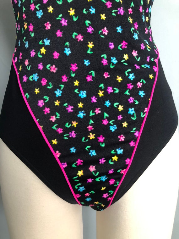 Vintage Le Cove Floral Black and Pink One Piece S… - image 6