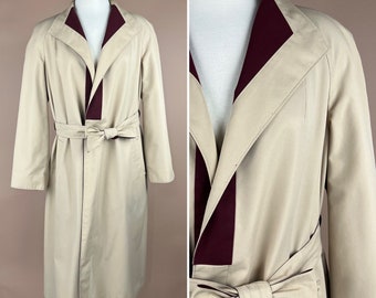 Vintage Women’s Size L Khaki and Maroon Reversible Trench Coat With Waist Tie