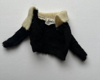 Vintage Barbie Fashion Pak Black Wool Cardigan Sweater with White Angora Collar