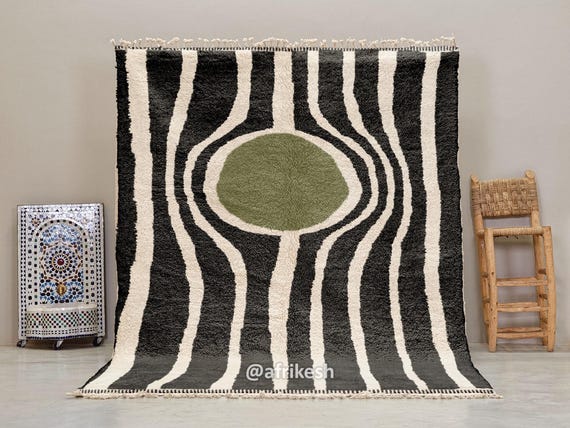 MODERN BLACK RUG, Handmade Moroccan Rug, Green Wool Berber Rug, Beni Ourain Shag Carpet, Custom Size Area Decor, Wavy Striped design.