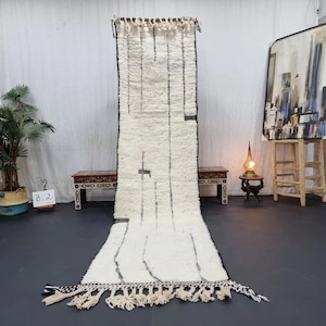 BENI OURAIN RUNNER, Moroccan Shag Rug, Soft White Wool Rug, Custom Size Runner Rug, Hand Tufted Rug, Striped Berber Carpet, Hallway Rug.