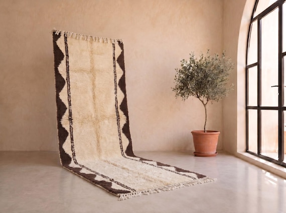 Ivory & Chocolate Brown Zigzag Beni Ourain Rug - Handmade Moroccan Wool Runner Rug - Berber Hallway Runner for Entryway | Afrikesh