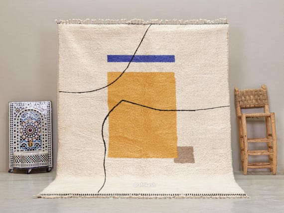 DURABLE WOOL RUG, Handwoven Moroccan Shag Rug, Contemporary Beni Ourain Design, White & Mustard Berber Carpet, Abstract Area Rug for Bedroom