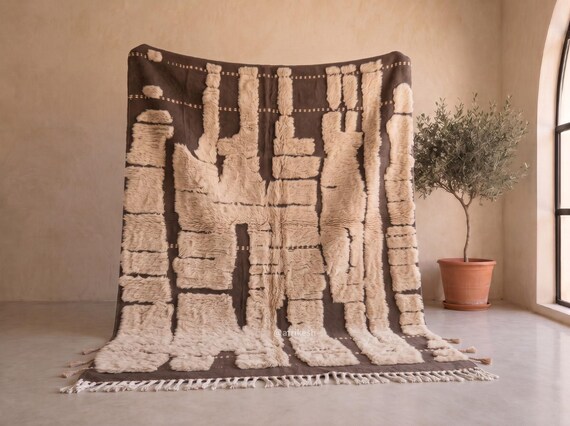 Chocolate Brown and Sahara Sand Beni Ourain Rug - Handmade Moroccan Wool Rug - Abstract Tufted Berber Area Rug for Living Room | Afrikesh