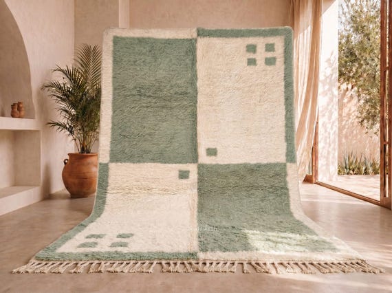Sage Green Ivory Checkered Beni Ourain Rug – High Pile Handmade Moroccan Wool Berber Rug