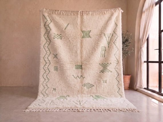 Hand-Knotted Ivory & Sage Green Rug - Moroccan Beni Ourain Wool Rug - Tribal Diamond Berber Area Rug for Bedroom | Afrikesh