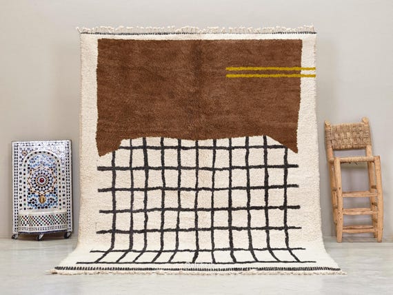 SOFT MOROCCAN RUG, Grid Beni Ourain Rug, Shaggy Brown Area Rug, Artisan Made Berber Carpet, Custom Wool Rug, White Background Home Styling