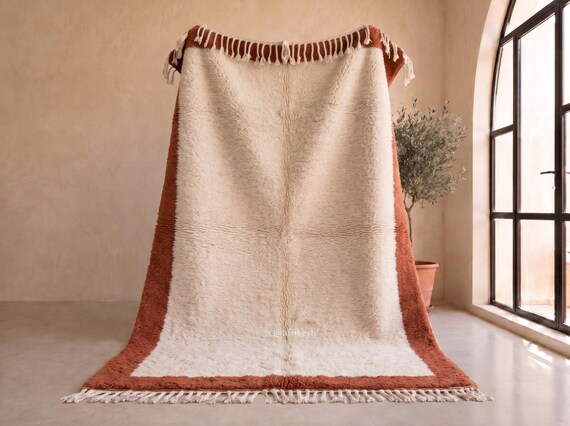 Contemporary Terracotta Border Beni Ourain Rug - Handmade Moroccan Wool Rug - Ivory Shag Berber Area Rug for Living Room Bedroom | Afrikesh